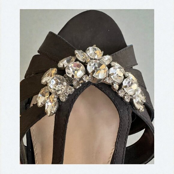 Black Satin Wedge Sandals with Rhinestones - Picture 3 of 7